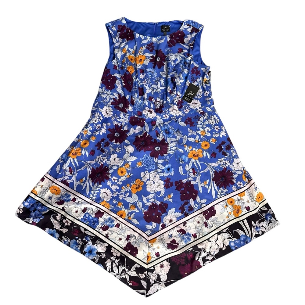 Adrianna Papell Blue Floral Handkerchief-Hem Dress Size 18 - Picture 8 of 11